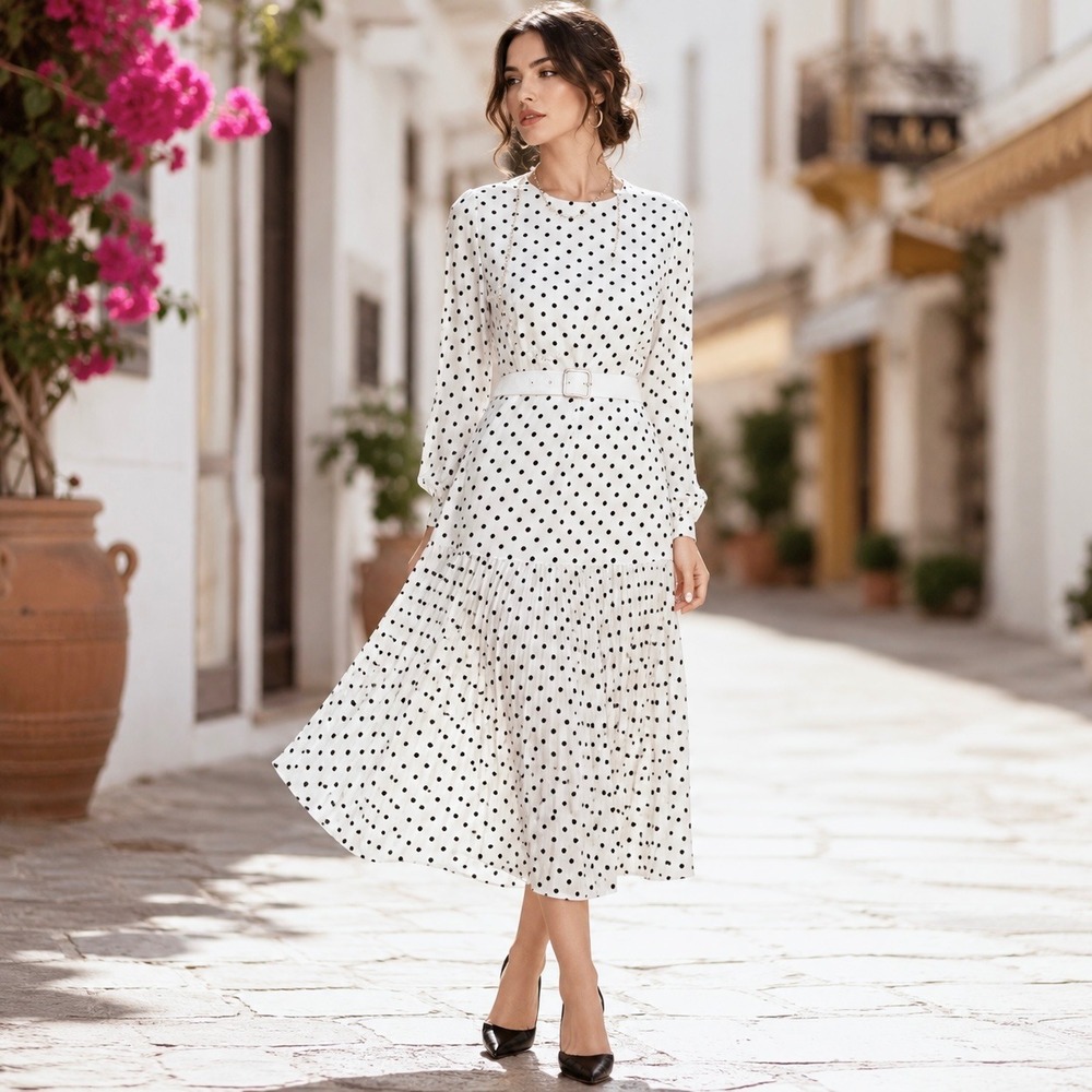 FEHAUTE White Black Polka Dot Pleated Maxi Dress Balloon Sleeve A-Line Sz 10 NWT - Picture 3 of 16